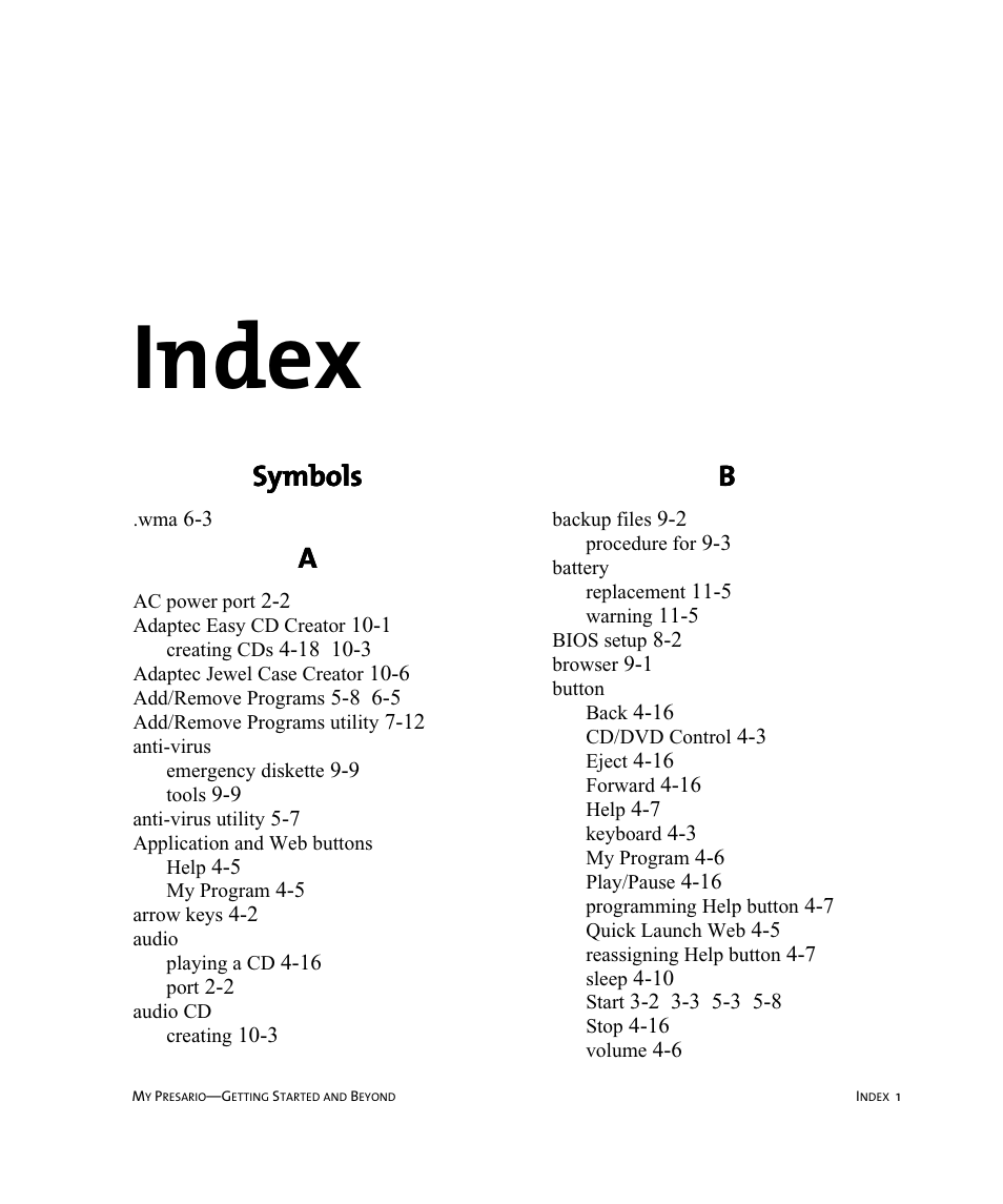 Index, Symbols | Compaq Presario Internet PC User Manual | Page 133 / 140