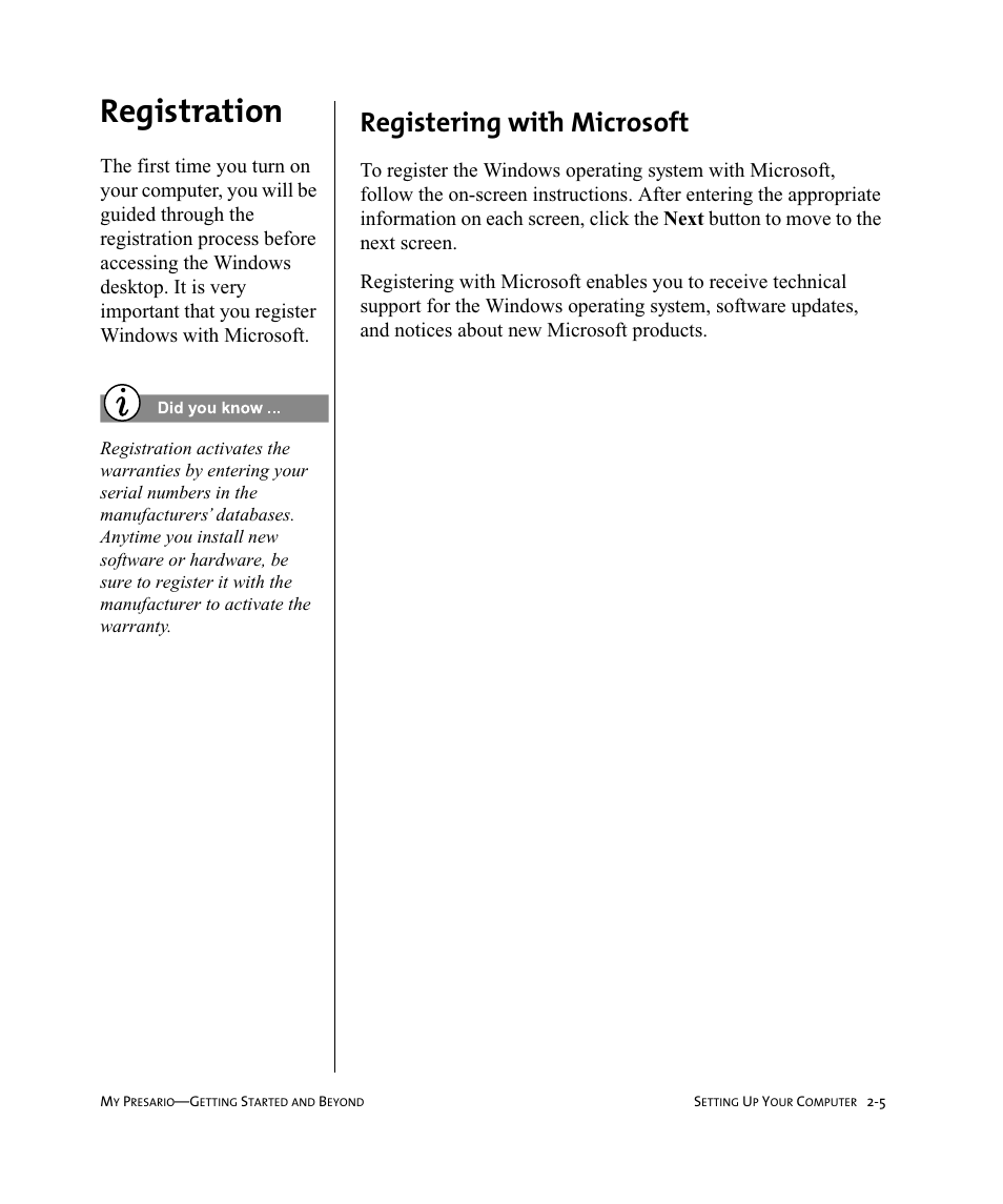 Registration, Registering with microsoft | Compaq Presario Internet PC User Manual | Page 19 / 140