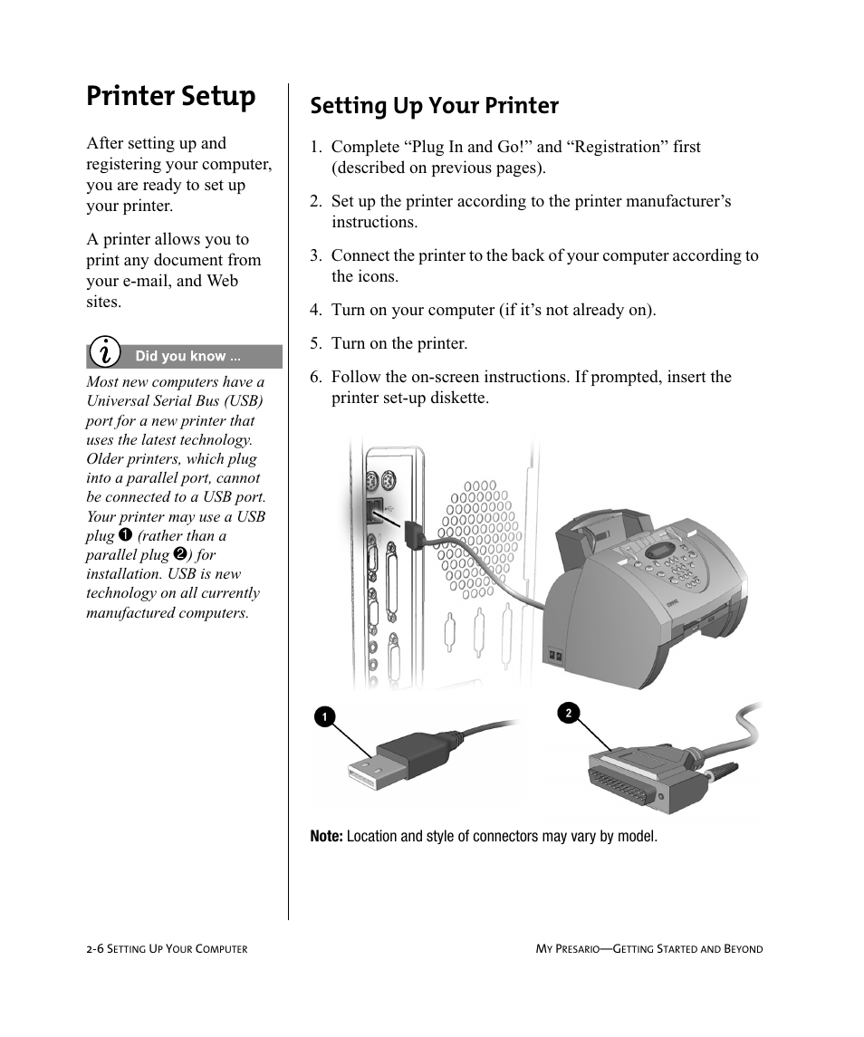 Printer setup, Setting up your printer | Compaq Presario Internet PC User Manual | Page 20 / 140