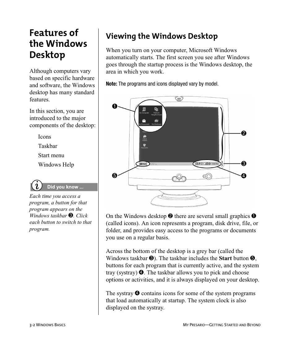Features of the windows desktop, Viewing the windows desktop | Compaq Presario Internet PC User Manual | Page 22 / 140