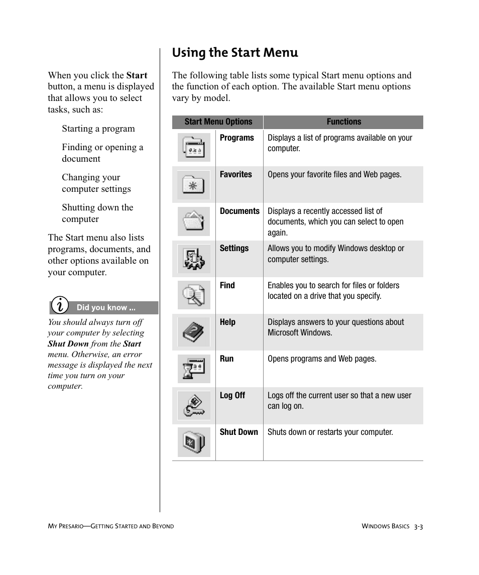 Using the start menu | Compaq Presario Internet PC User Manual | Page 23 / 140
