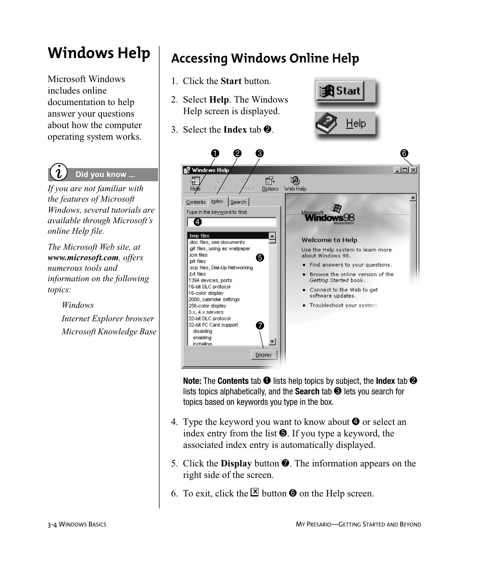 Windows help, Accessing windows online help | Compaq Presario Internet PC User Manual | Page 24 / 140