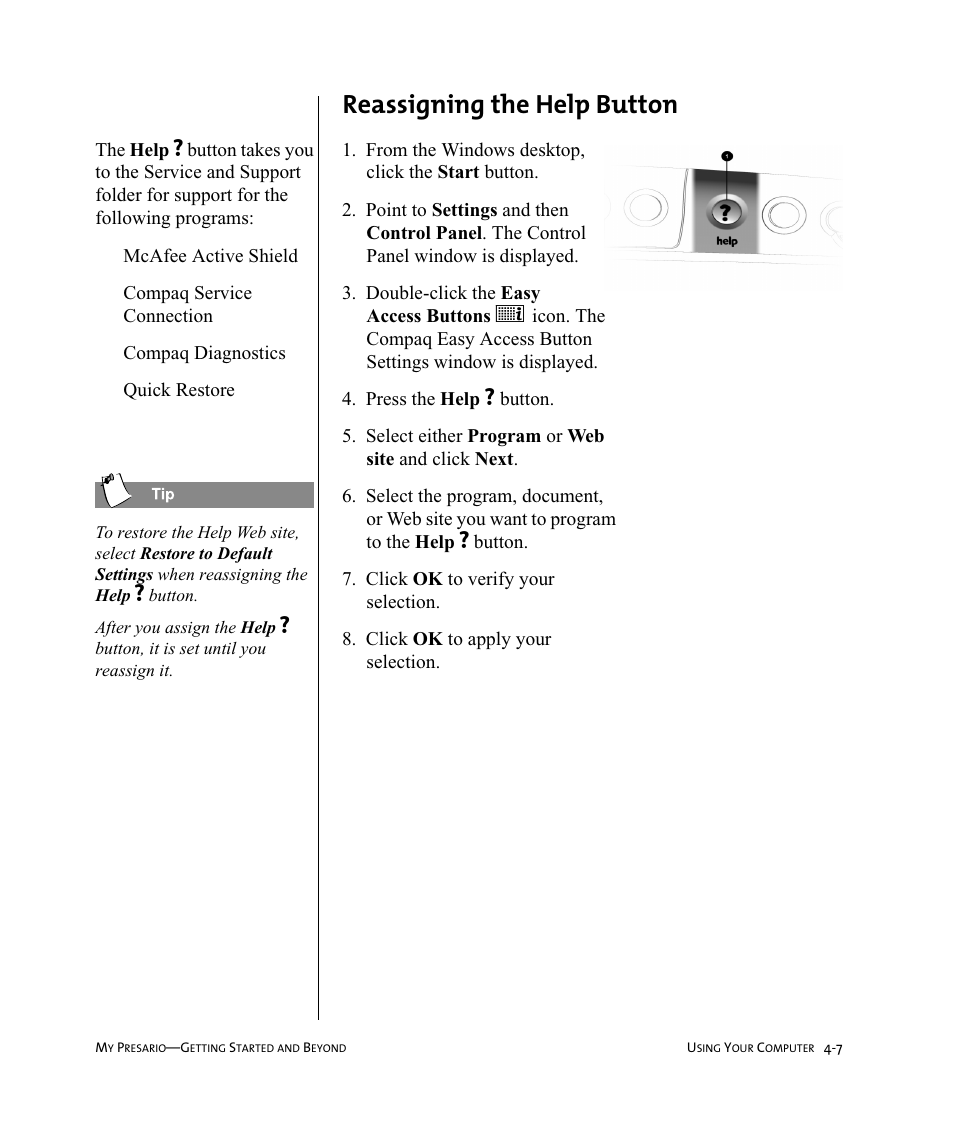 Reassigning the help button | Compaq Presario Internet PC User Manual | Page 31 / 140