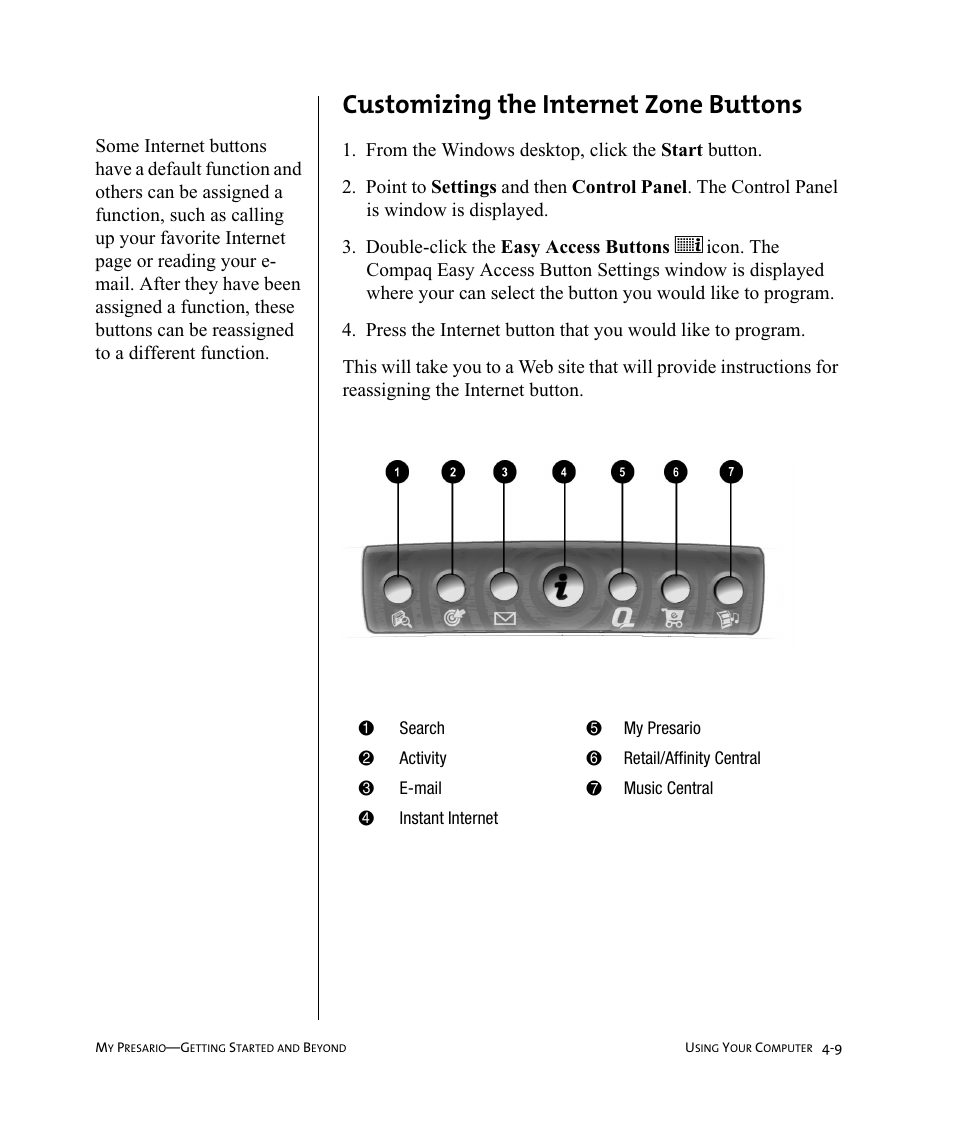 Customizing the internet zone buttons | Compaq Presario Internet PC User Manual | Page 33 / 140