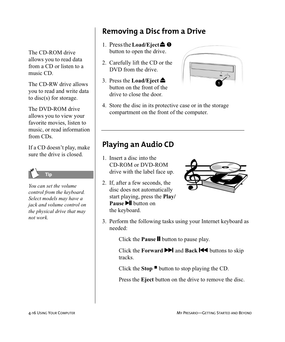 5hprylqj#d#'lvf#iurp#d#'ulyh, 3od\lqj#dq#$xglr, Press | Compaq Presario Internet PC User Manual | Page 40 / 140