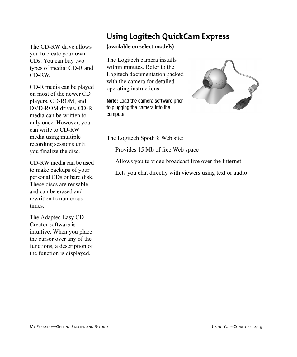 8vlqj#/rjlwhfk#4xlfn&dp#([suhvv, The logitech spotlife web site, Provides 15 mb of free web space | Compaq Presario Internet PC User Manual | Page 43 / 140