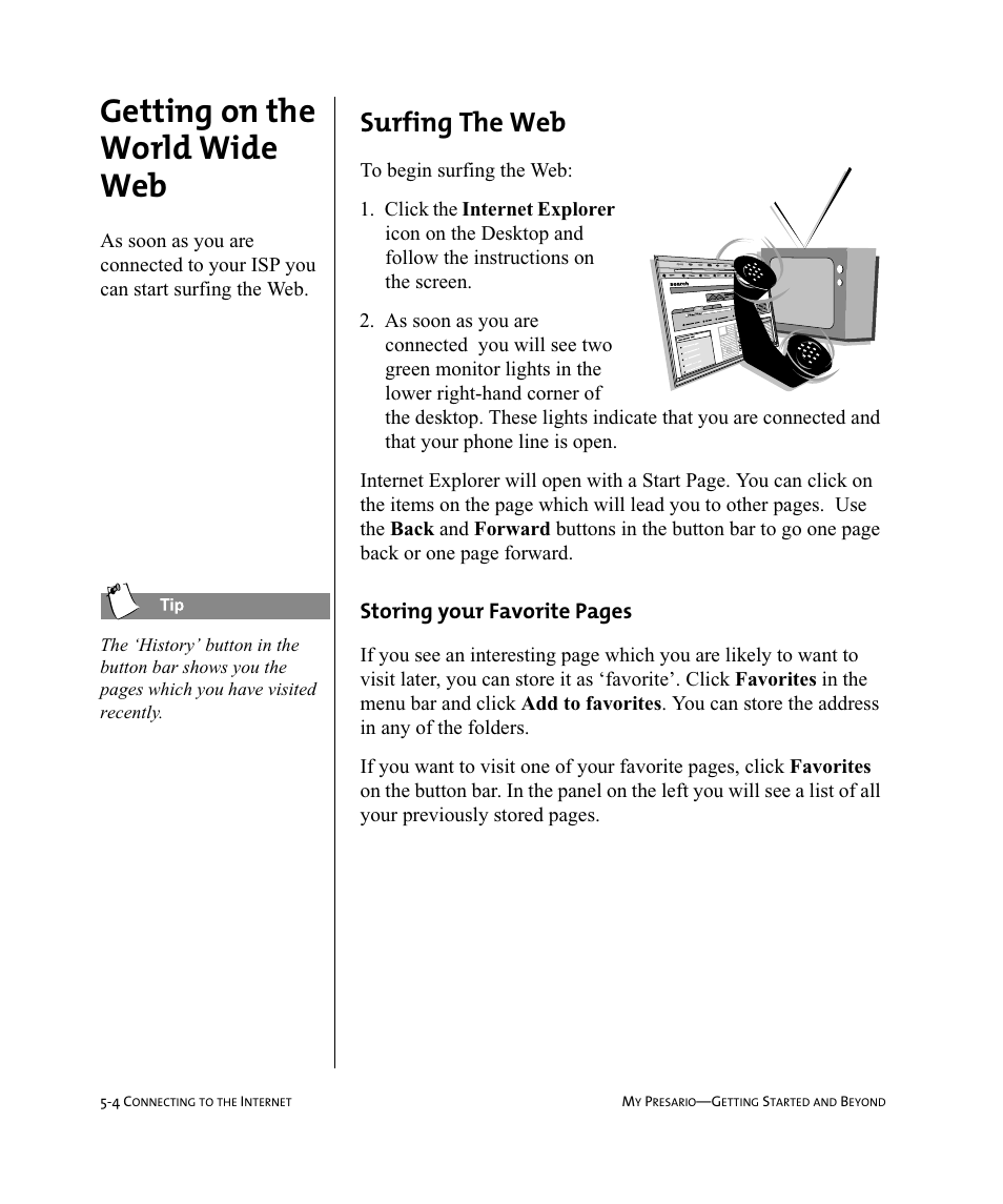Getting on the world wide web, Surfing the web, Storing your favorite pages | Compaq Presario Internet PC User Manual | Page 48 / 140
