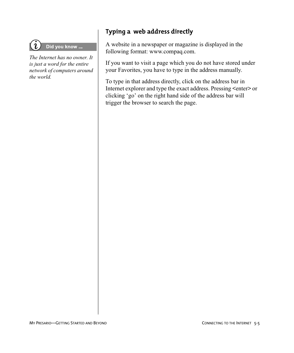 Typing a web address directly | Compaq Presario Internet PC User Manual | Page 49 / 140