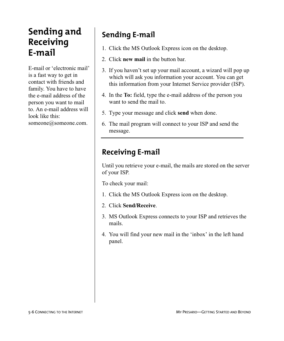 Sending and receiving e-mail, Sending e-mail, Receiving e-mail | Compaq Presario Internet PC User Manual | Page 50 / 140