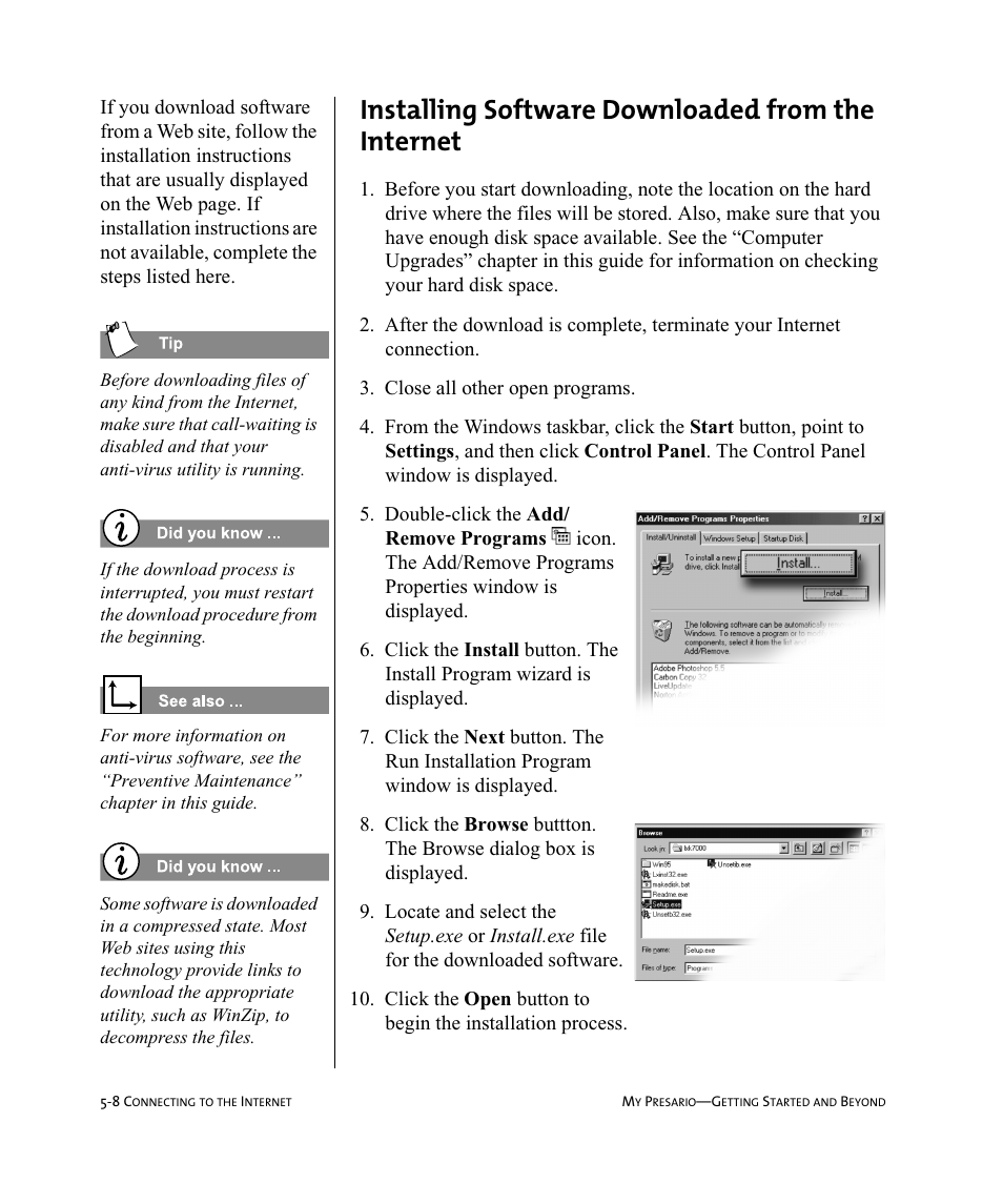 Installing software downloaded from the internet | Compaq Presario Internet PC User Manual | Page 52 / 140