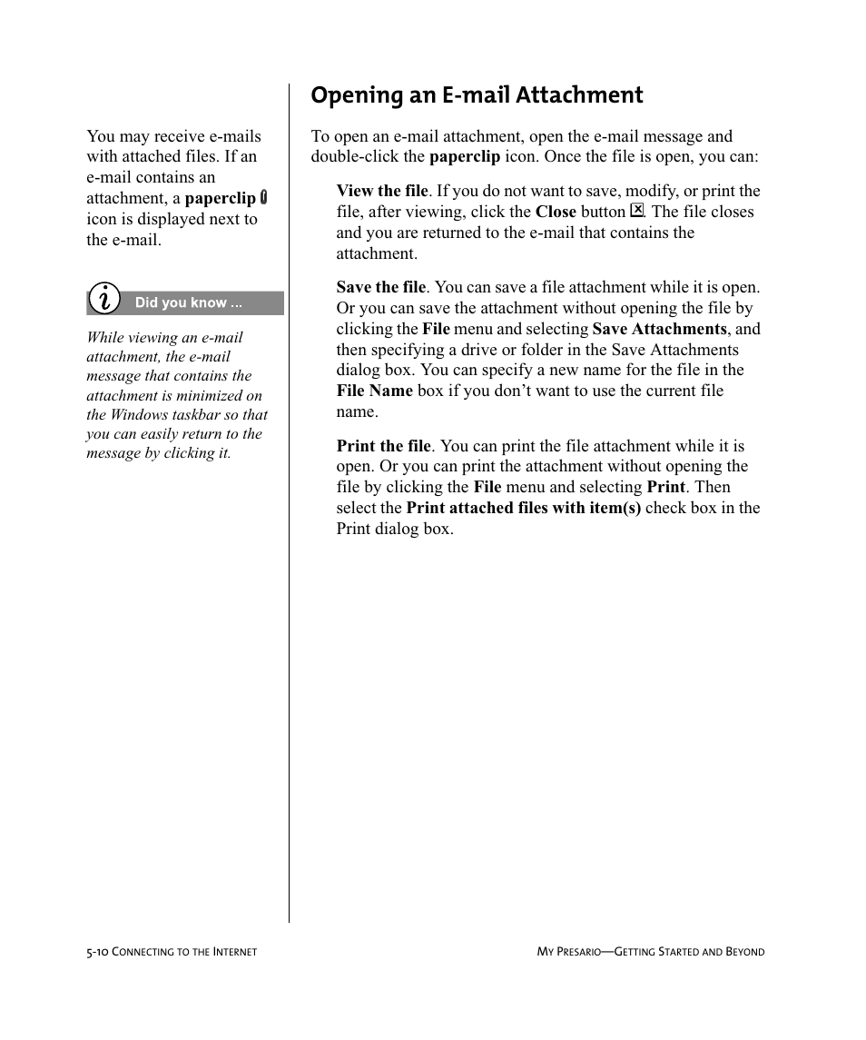 Opening an e-mail attachment | Compaq Presario Internet PC User Manual | Page 54 / 140