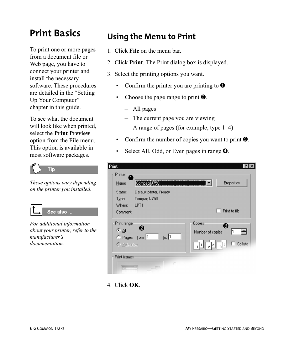 Print basics, Using the menu to print | Compaq Presario Internet PC User Manual | Page 56 / 140