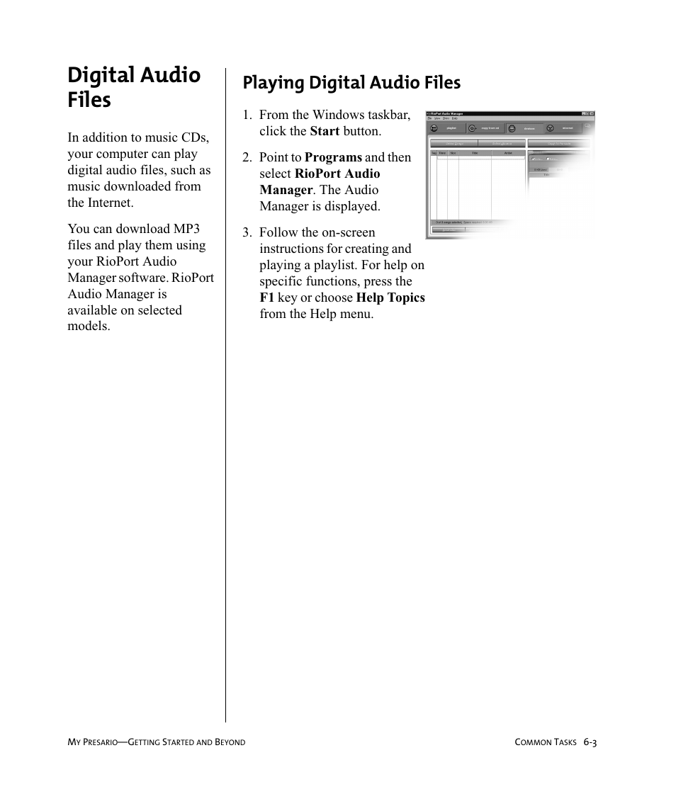 Digital audio files, Playing digital audio files | Compaq Presario Internet PC User Manual | Page 57 / 140