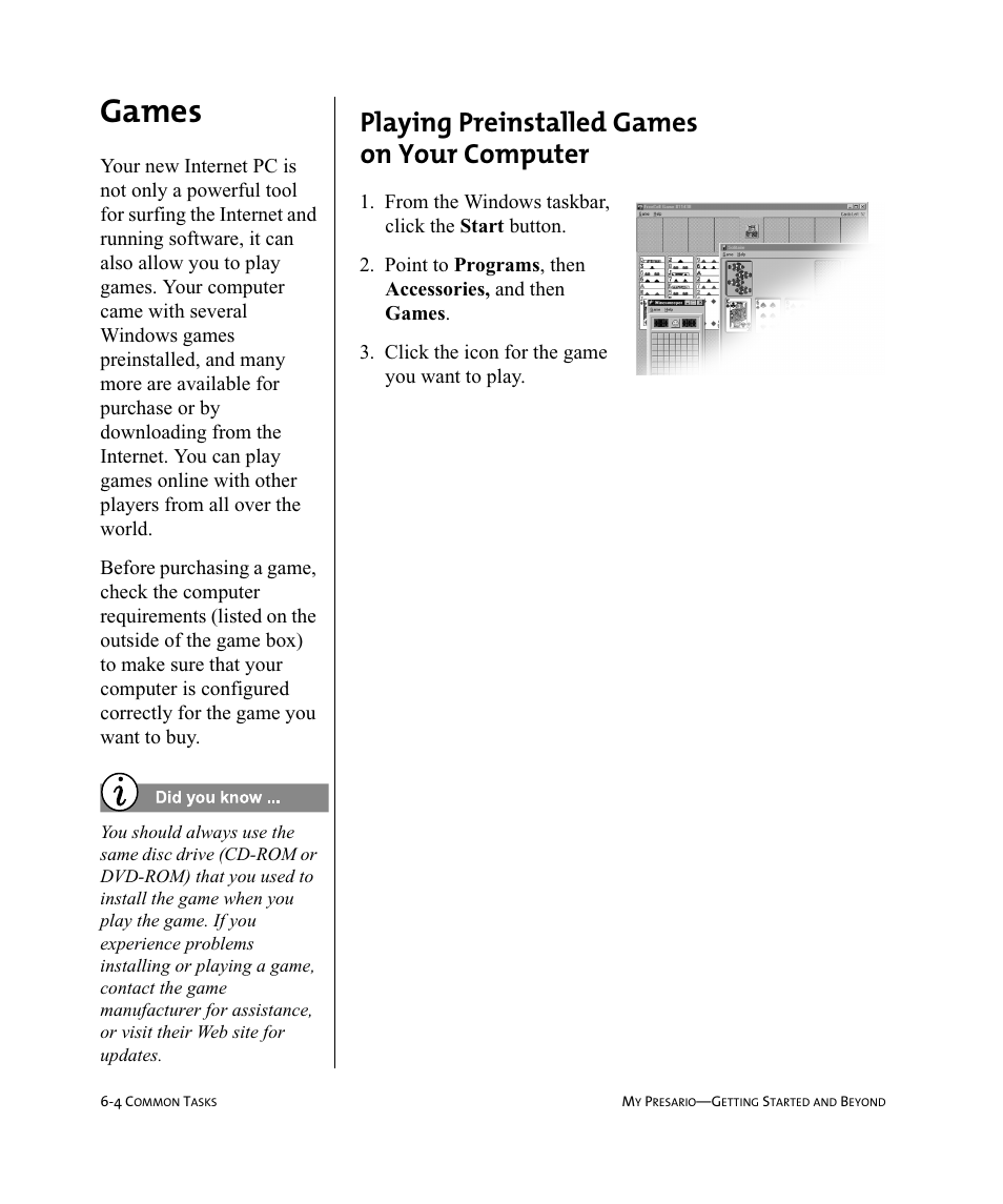 Games, Playing preinstalled games on your computer | Compaq Presario Internet PC User Manual | Page 58 / 140