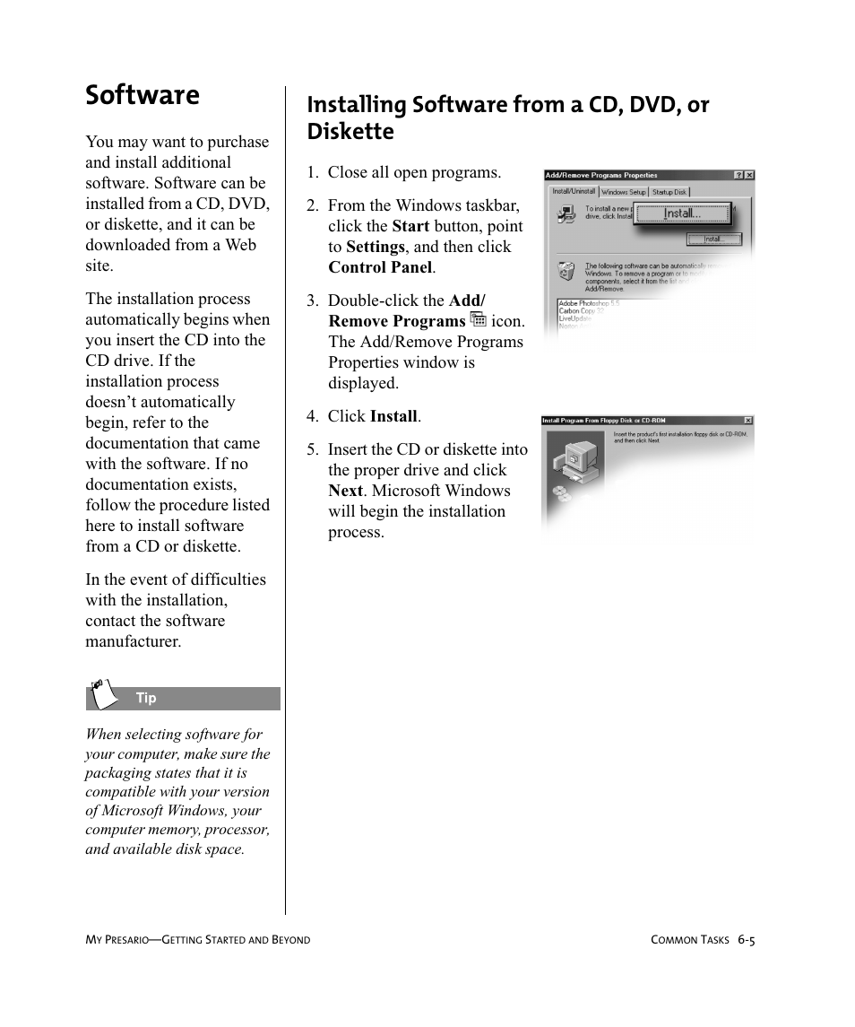 Software, Installing software from a cd, dvd, or diskette | Compaq Presario Internet PC User Manual | Page 59 / 140