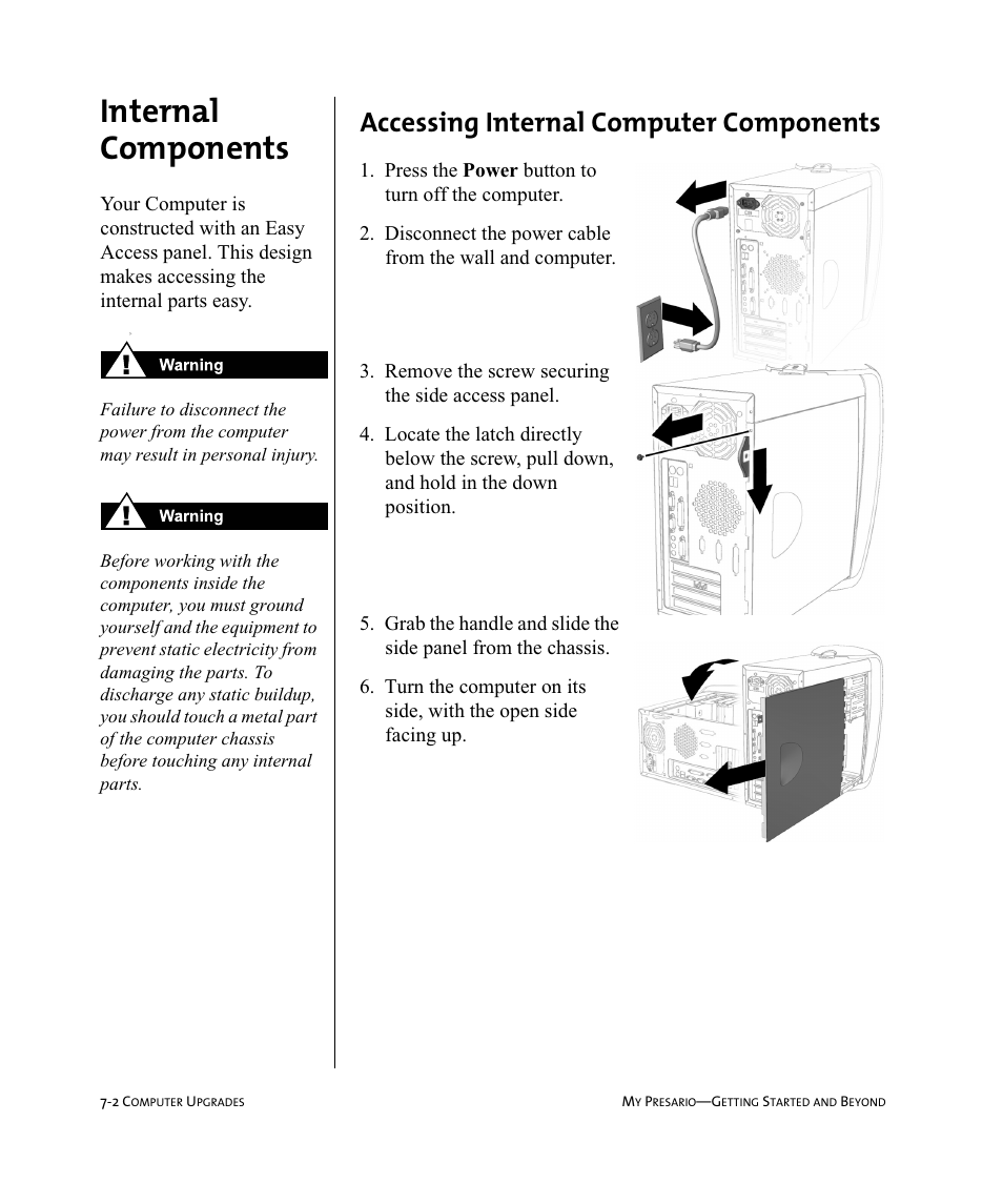 Internal components, Accessing internal computer components | Compaq Presario Internet PC User Manual | Page 62 / 140