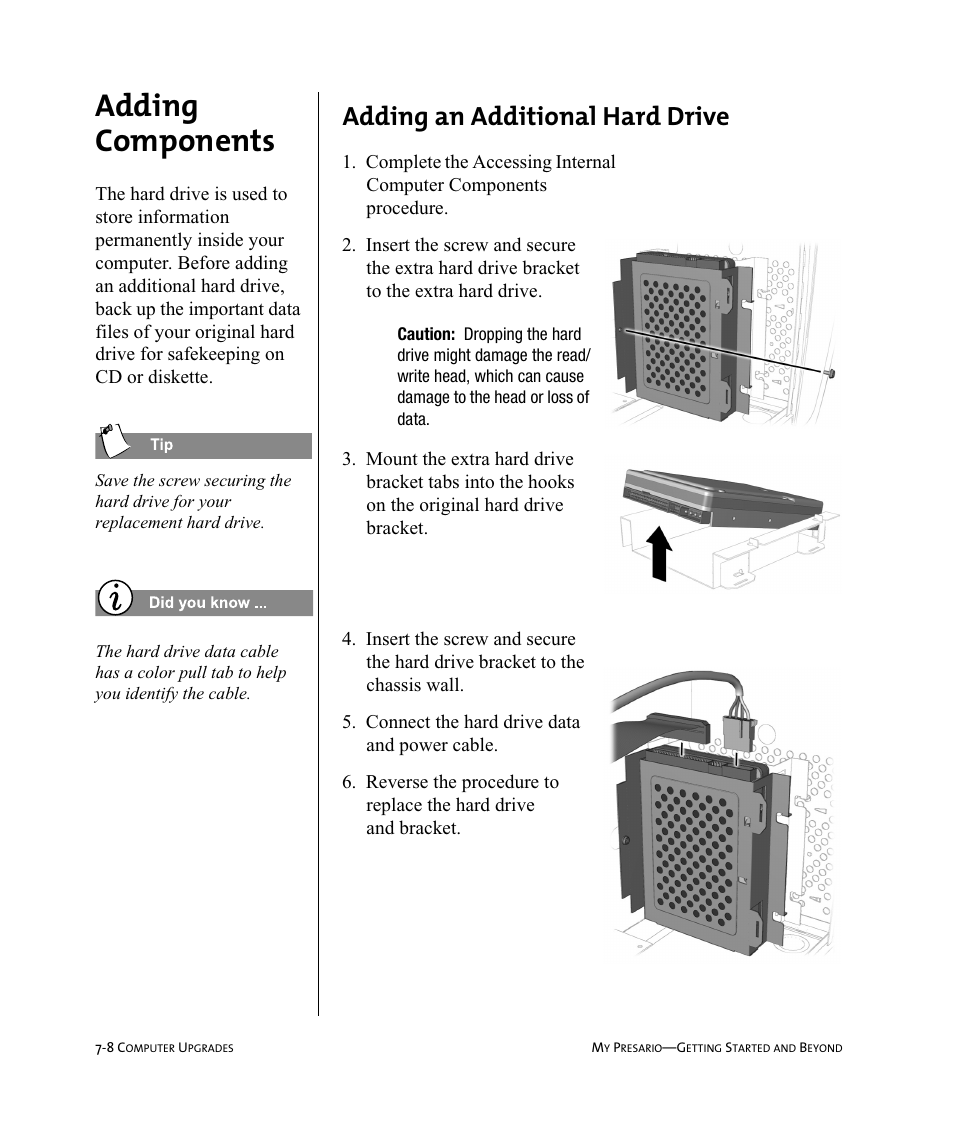 Adding components, Adding an additional hard drive | Compaq Presario Internet PC User Manual | Page 68 / 140