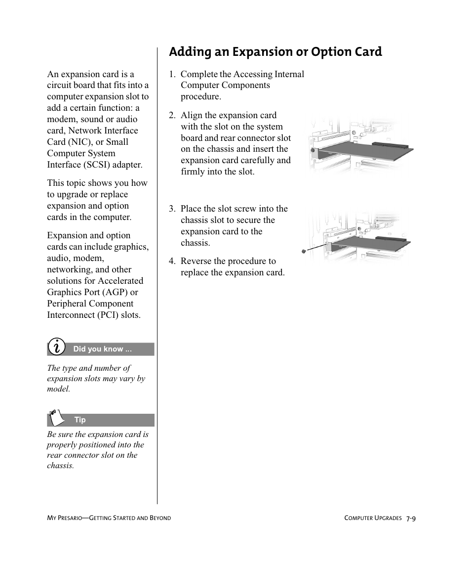 Adding an expansion or option card | Compaq Presario Internet PC User Manual | Page 69 / 140