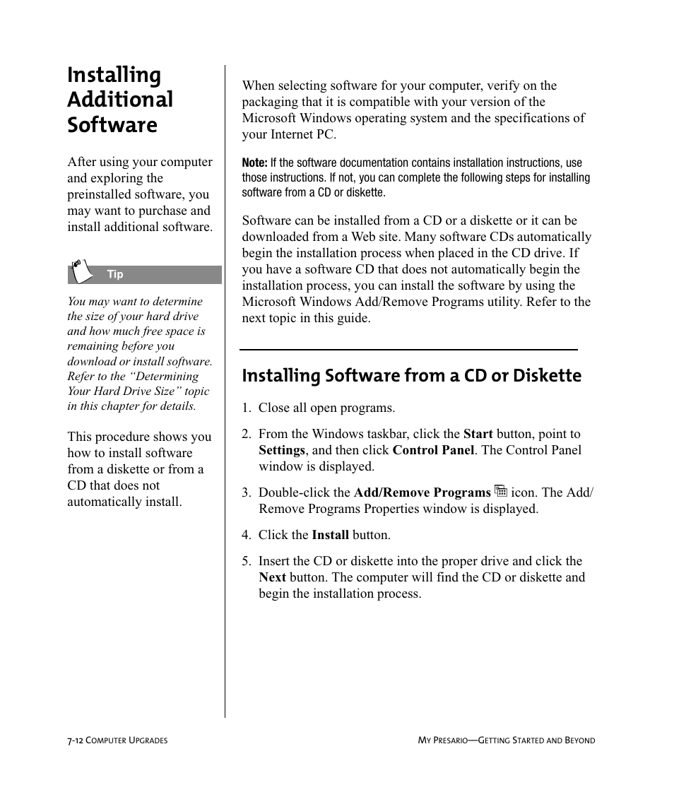 Installing additional software, Installing software from a cd or diskette | Compaq Presario Internet PC User Manual | Page 72 / 140