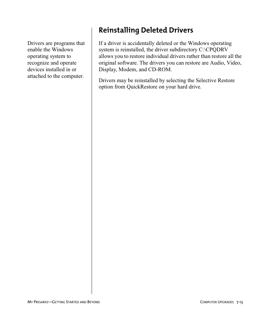 Reinstalling deleted drivers | Compaq Presario Internet PC User Manual | Page 73 / 140