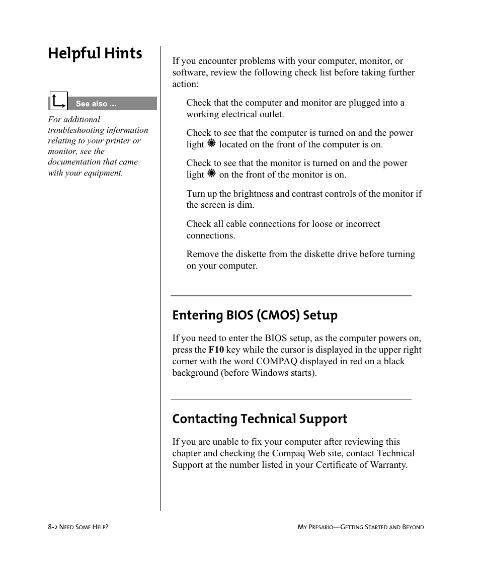 Helpful hints, Entering bios (cmos) setup, Contacting technical support | Compaq Presario Internet PC User Manual | Page 76 / 140