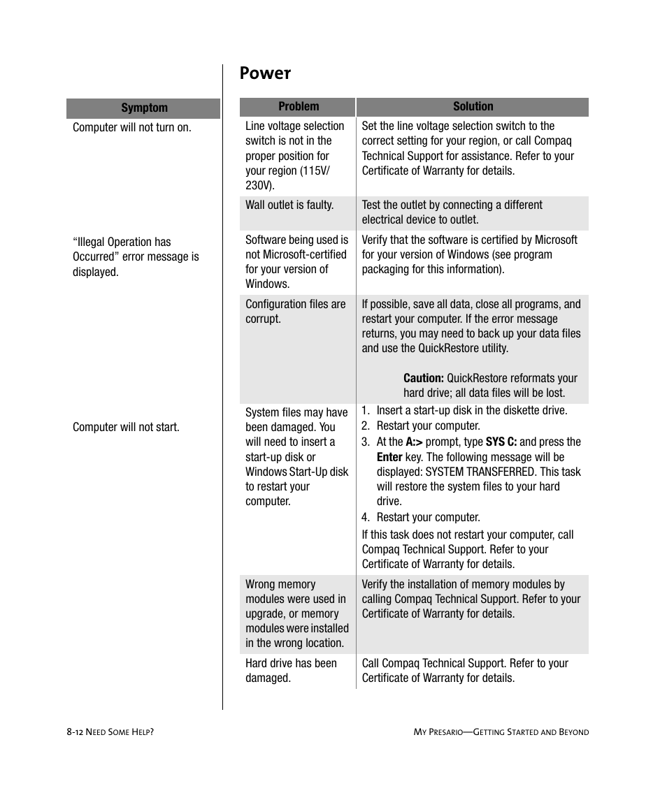 Power | Compaq Presario Internet PC User Manual | Page 86 / 140