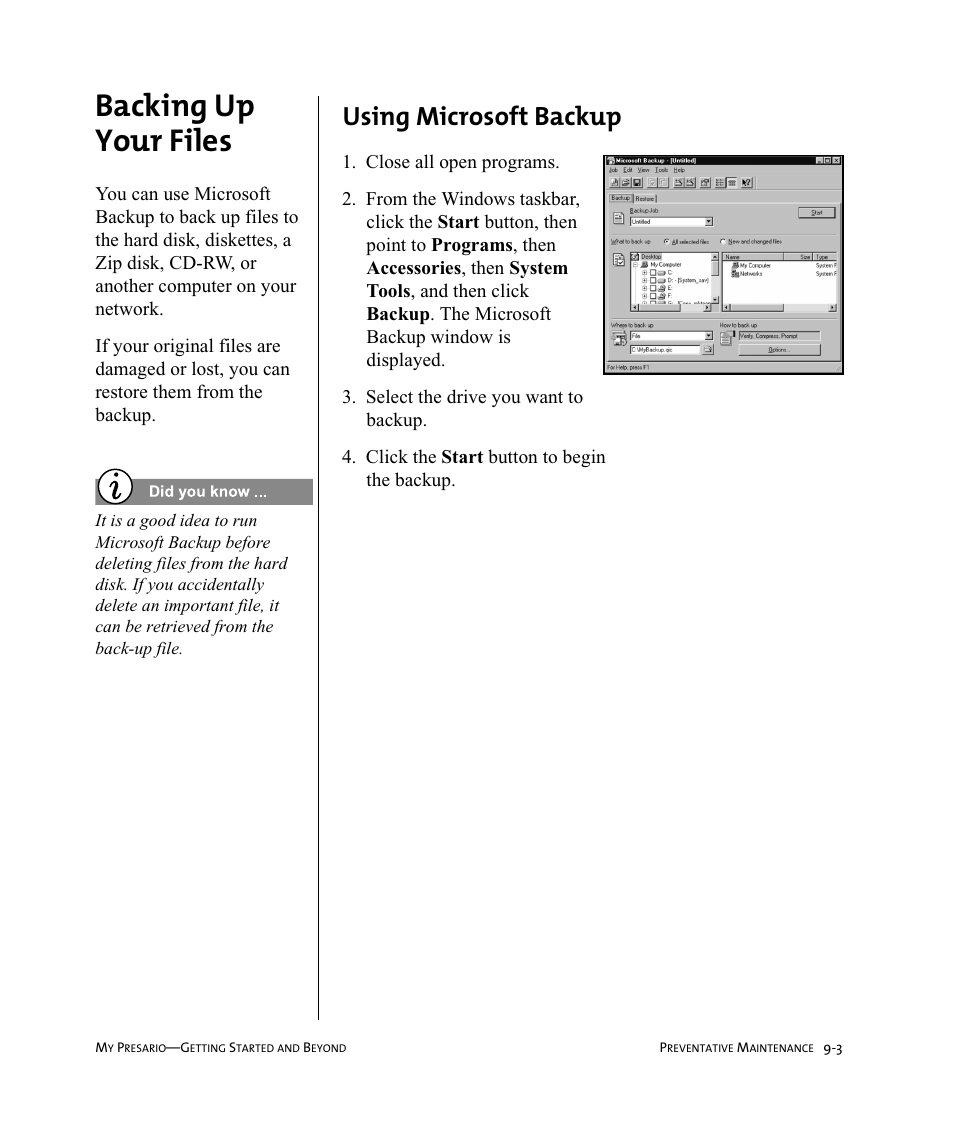 Backing up your files, Using microsoft backup | Compaq Presario Internet PC User Manual | Page 89 / 140