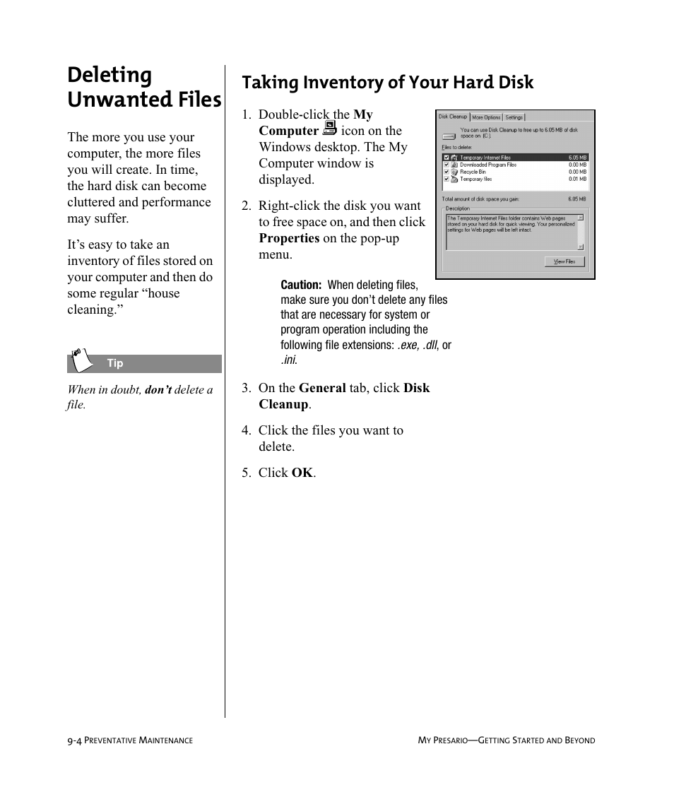 Deleting unwanted files, Taking inventory of your hard disk | Compaq Presario Internet PC User Manual | Page 90 / 140