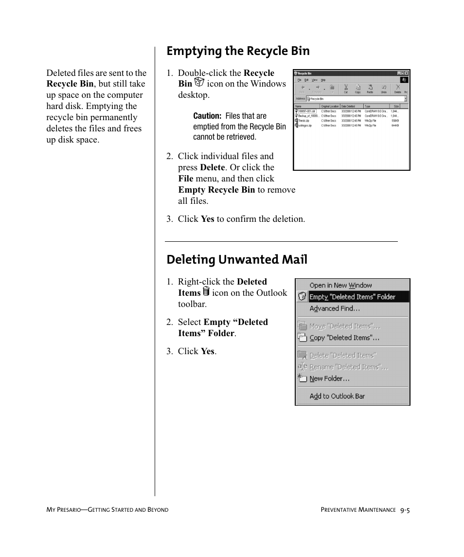 Emptying the recycle bin, Deleting unwanted mail | Compaq Presario Internet PC User Manual | Page 91 / 140