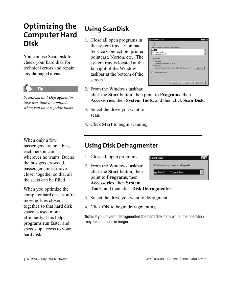 Optimizing the computer hard disk, Using scandisk, Using disk defragmenter | Compaq Presario Internet PC User Manual | Page 92 / 140