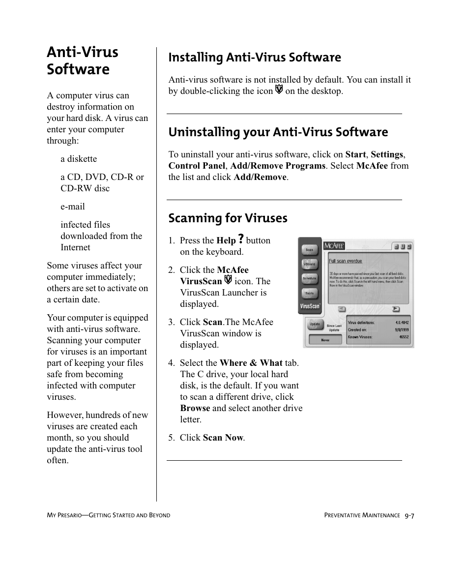 Anti-virus software, Installing anti-virus software, Uninstalling your anti-virus software | Scanning for viruses | Compaq Presario Internet PC User Manual | Page 93 / 140