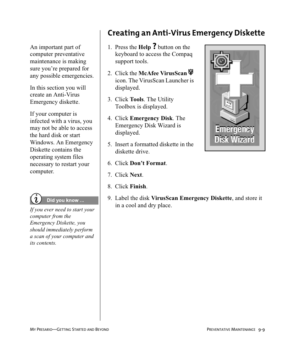 Creating an anti-virus emergency diskette | Compaq Presario Internet PC User Manual | Page 95 / 140