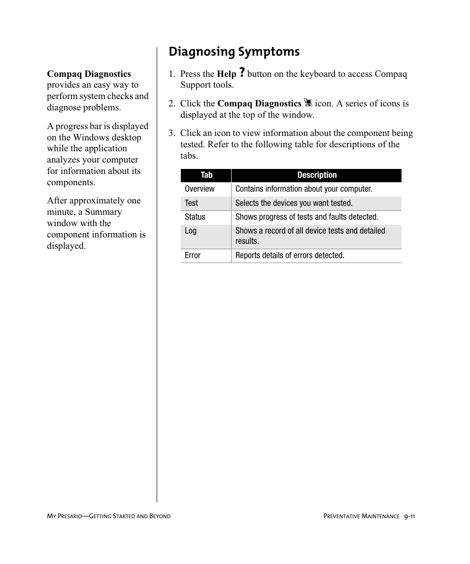 Diagnosing symptoms | Compaq Presario Internet PC User Manual | Page 97 / 140