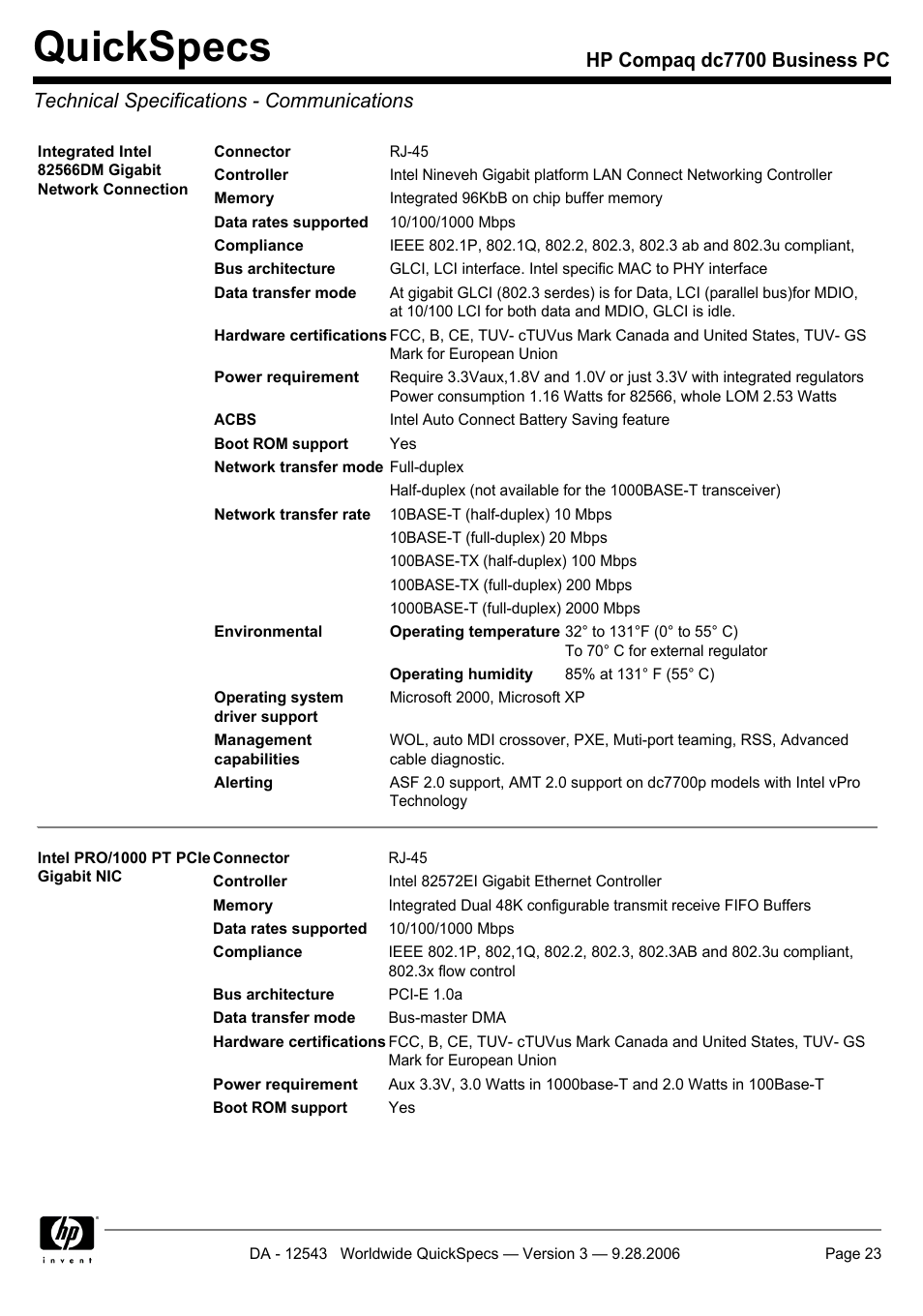 Technical specifications - communications, Quickspecs | Compaq dc7700 User Manual | Page 23 / 49