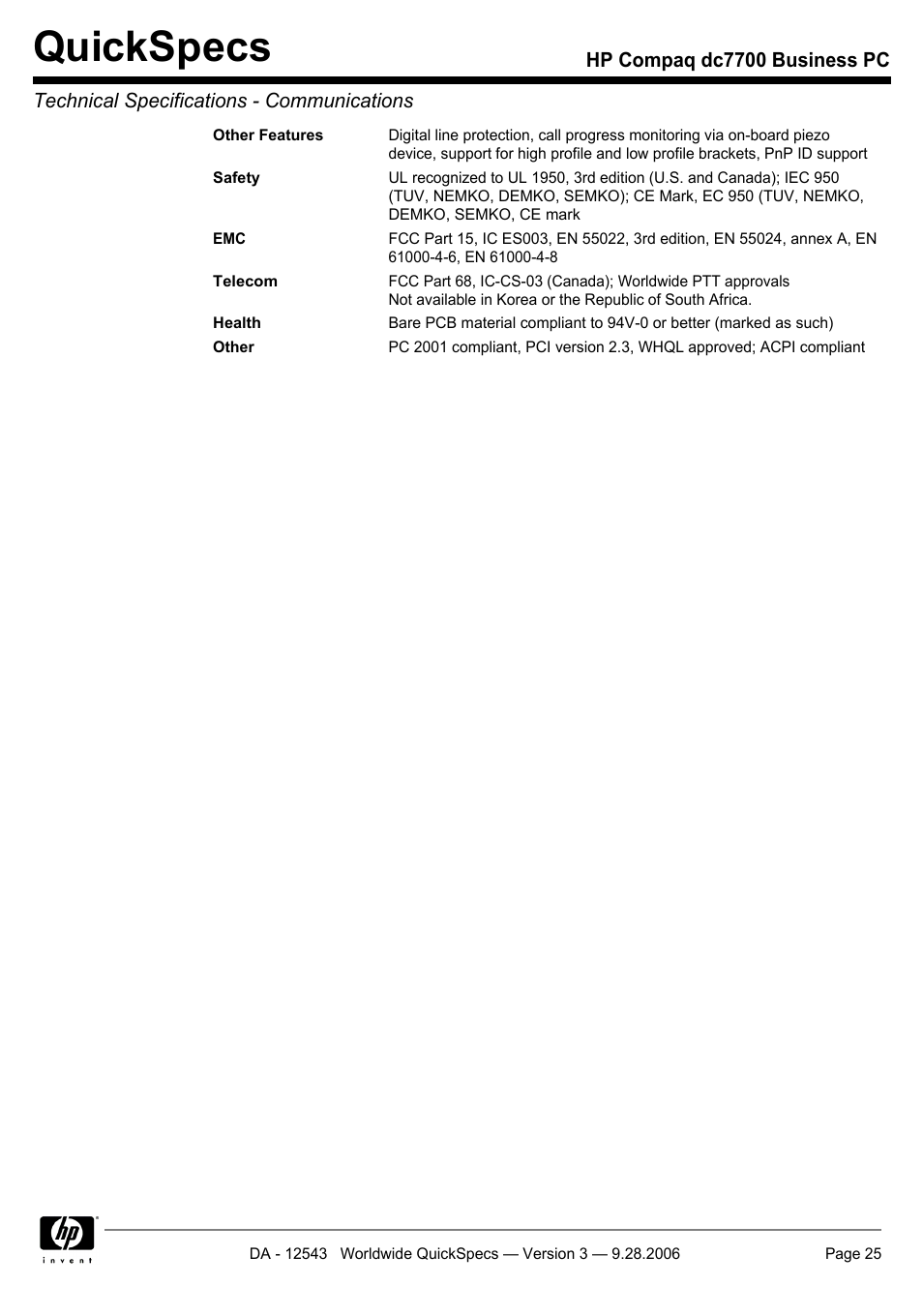 Quickspecs | Compaq dc7700 User Manual | Page 25 / 49