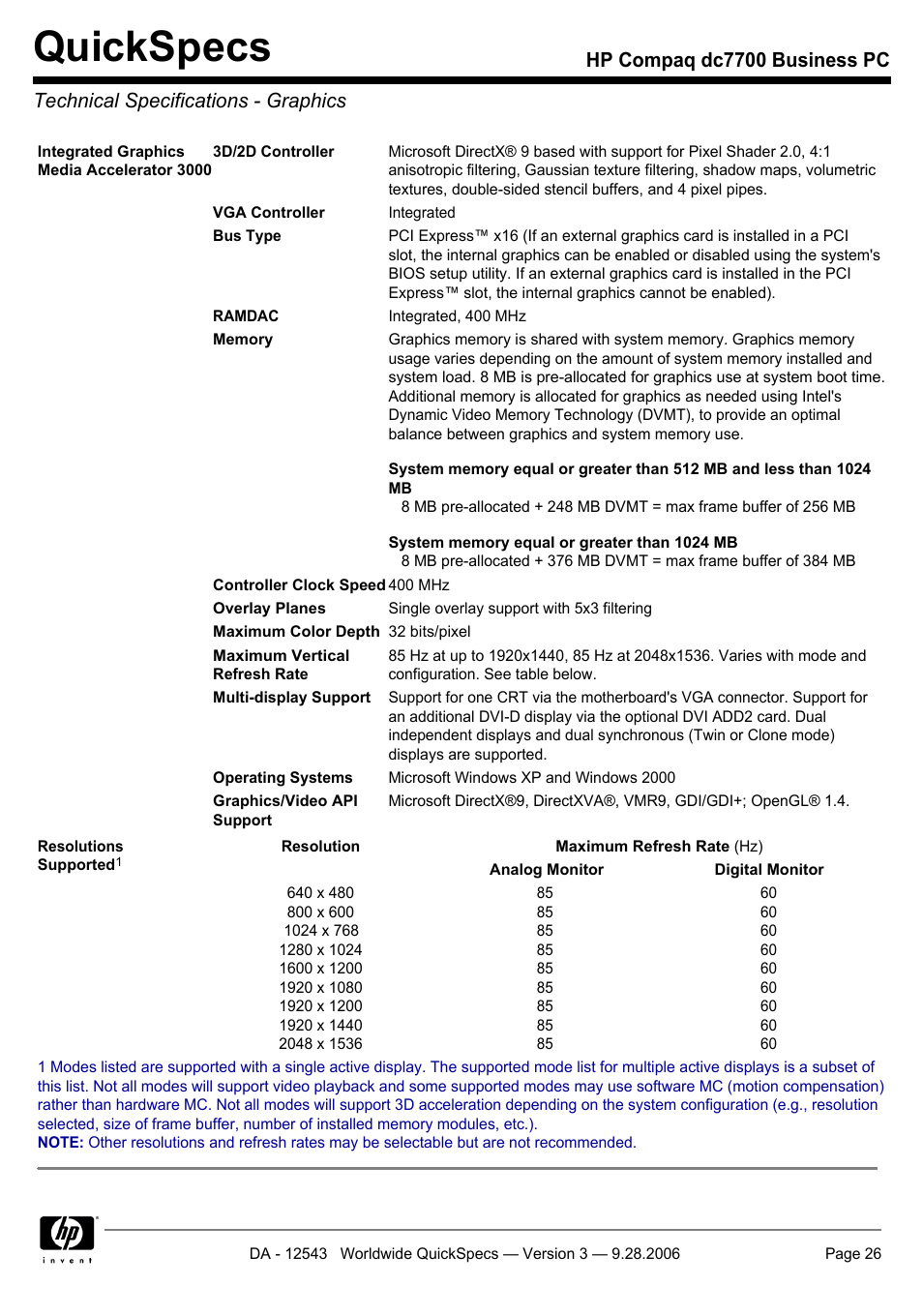 Technical specifications - graphics, Quickspecs | Compaq dc7700 User Manual | Page 26 / 49