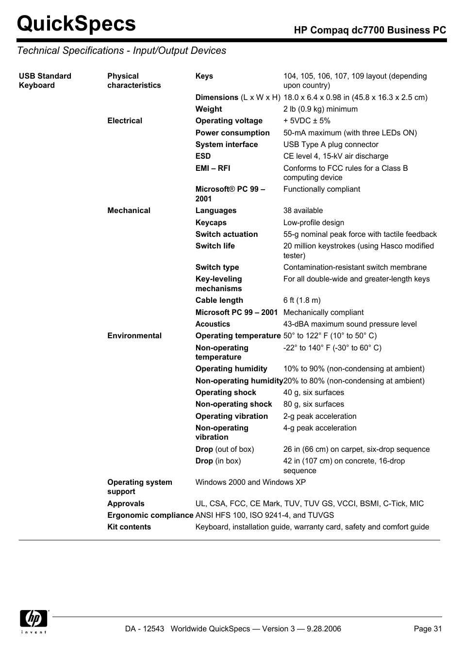 Technical specifications - input/output devices, Quickspecs | Compaq dc7700 User Manual | Page 31 / 49
