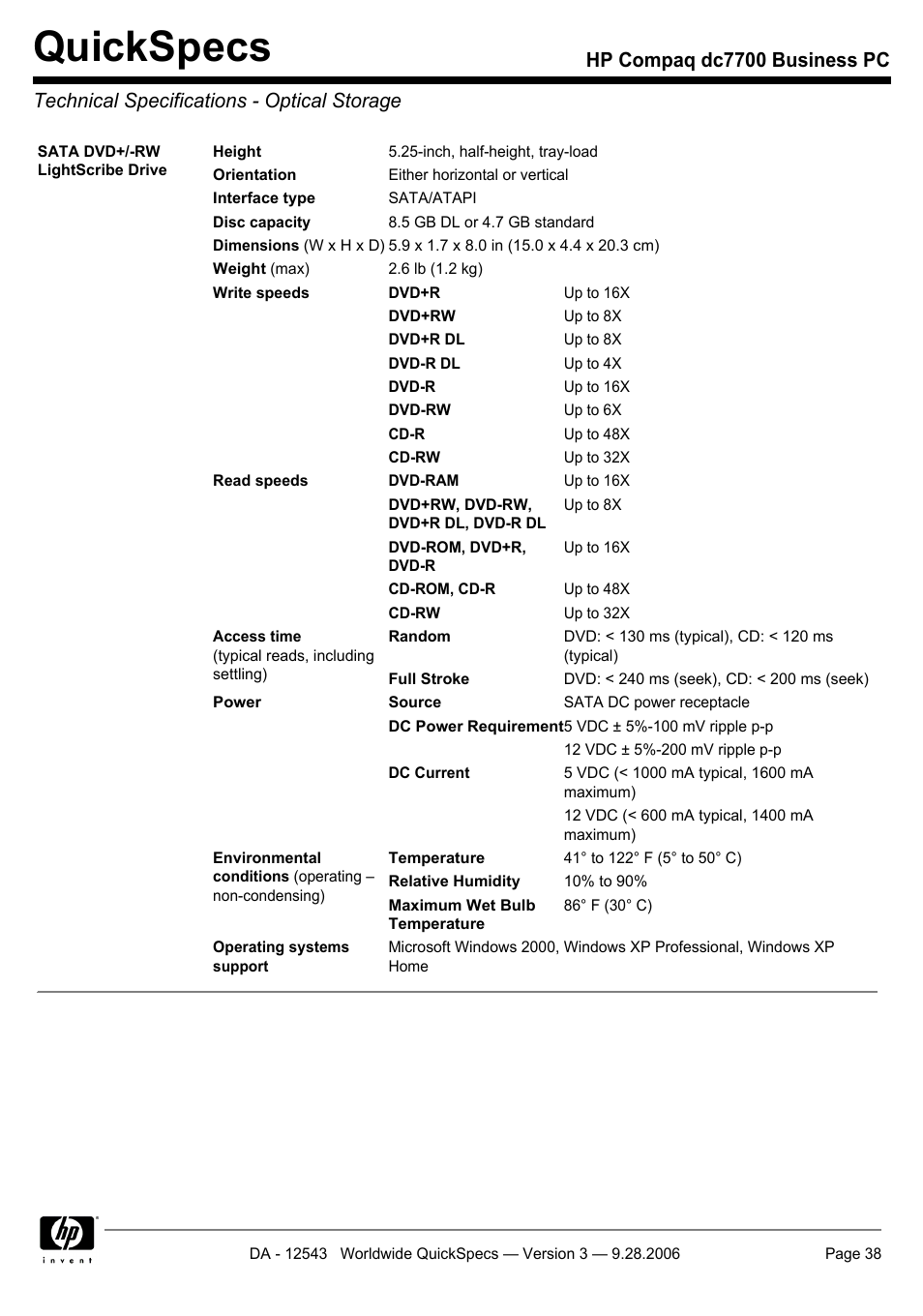 Technical specifications - optical storage, Quickspecs | Compaq dc7700 User Manual | Page 38 / 49