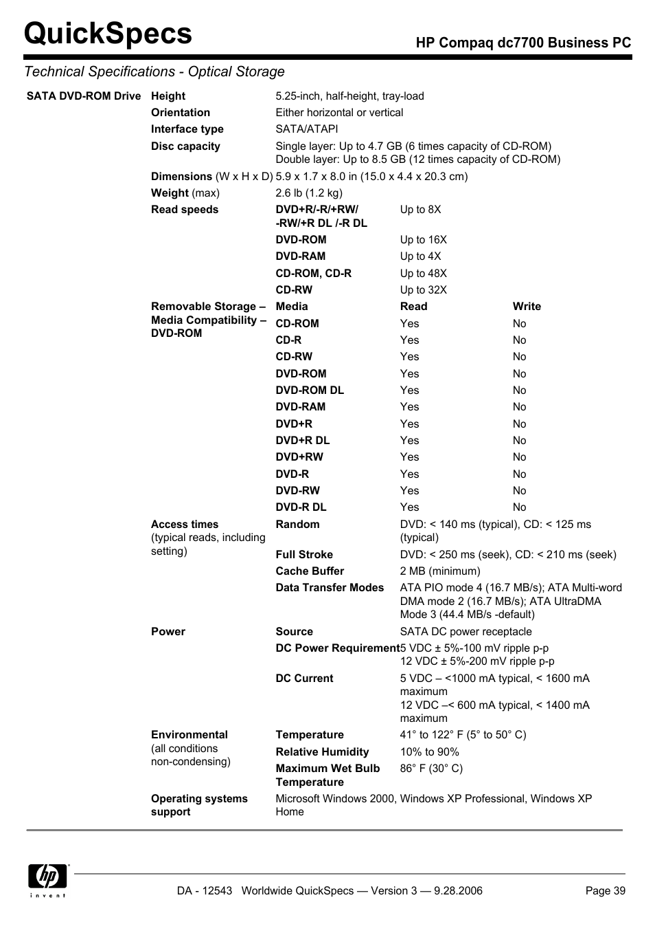 Quickspecs | Compaq dc7700 User Manual | Page 39 / 49