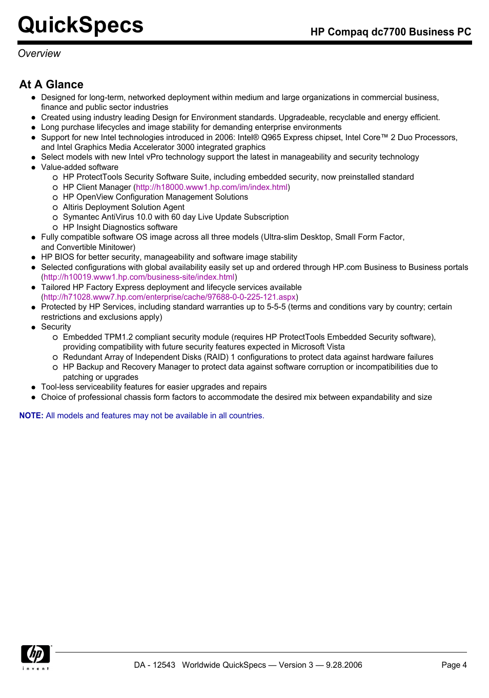 Quickspecs, At a glance | Compaq dc7700 User Manual | Page 4 / 49