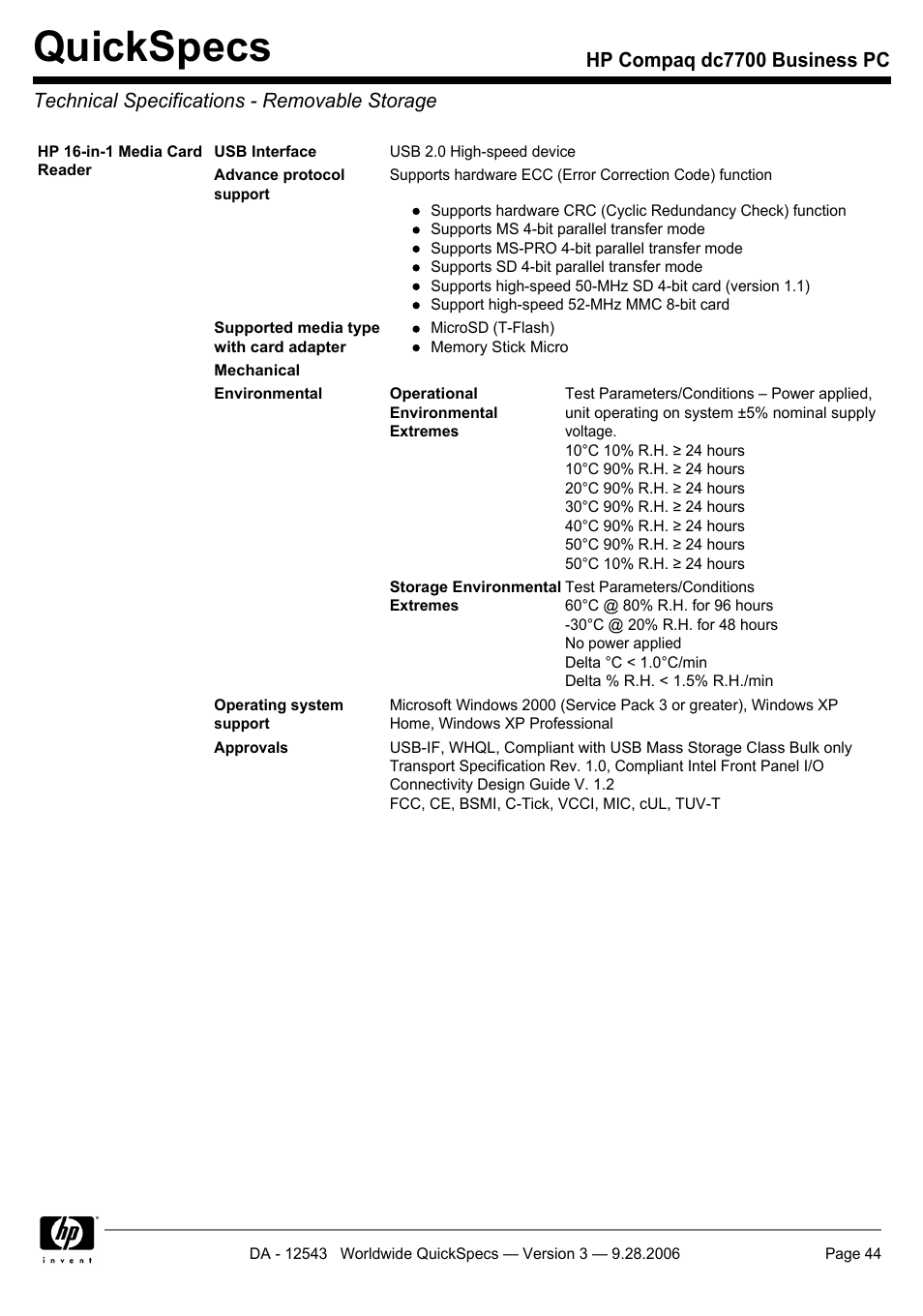 Technical specifications - removable storage, Quickspecs | Compaq dc7700 User Manual | Page 44 / 49