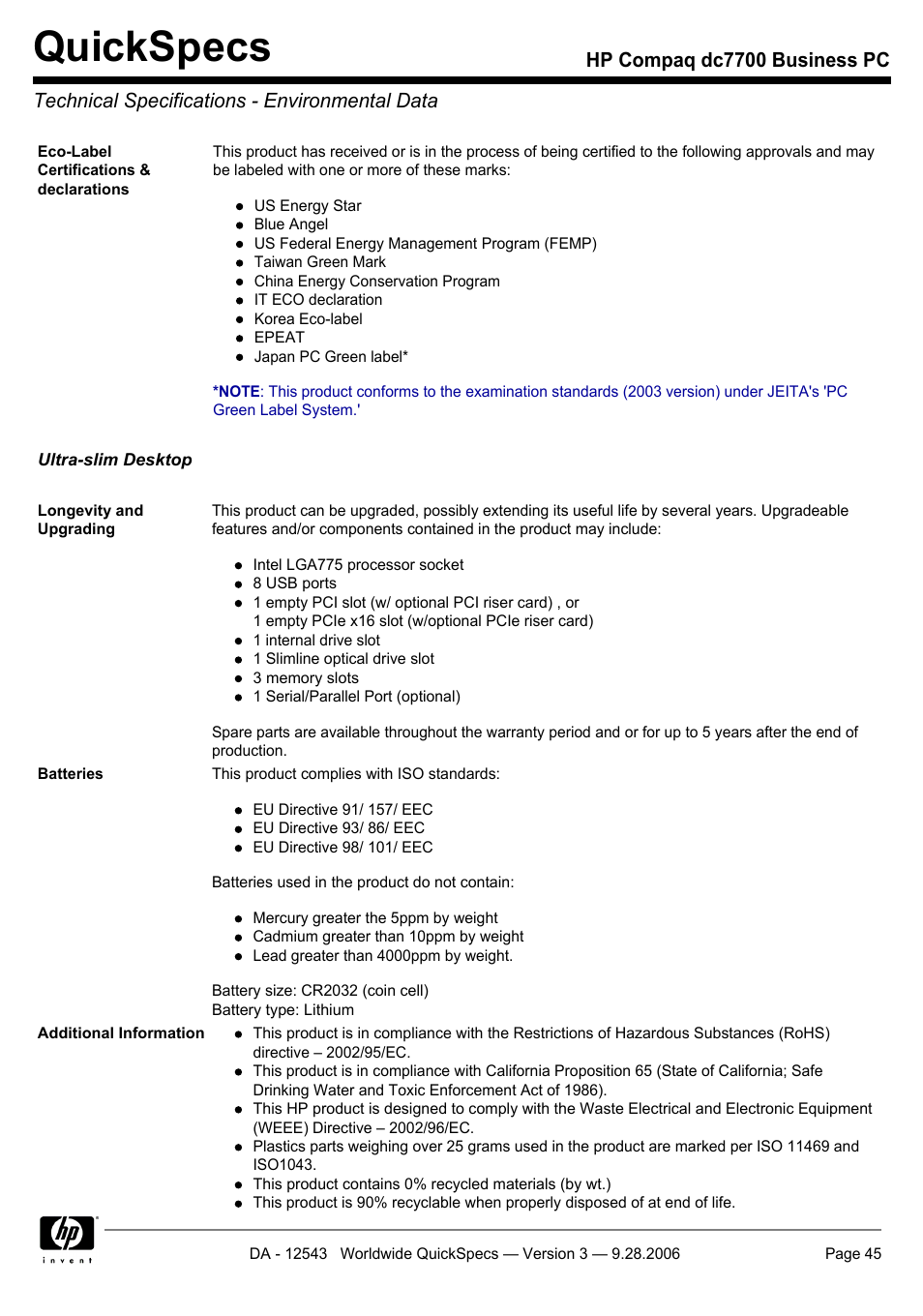 Technical specifications - environmental data, Quickspecs | Compaq dc7700 User Manual | Page 45 / 49