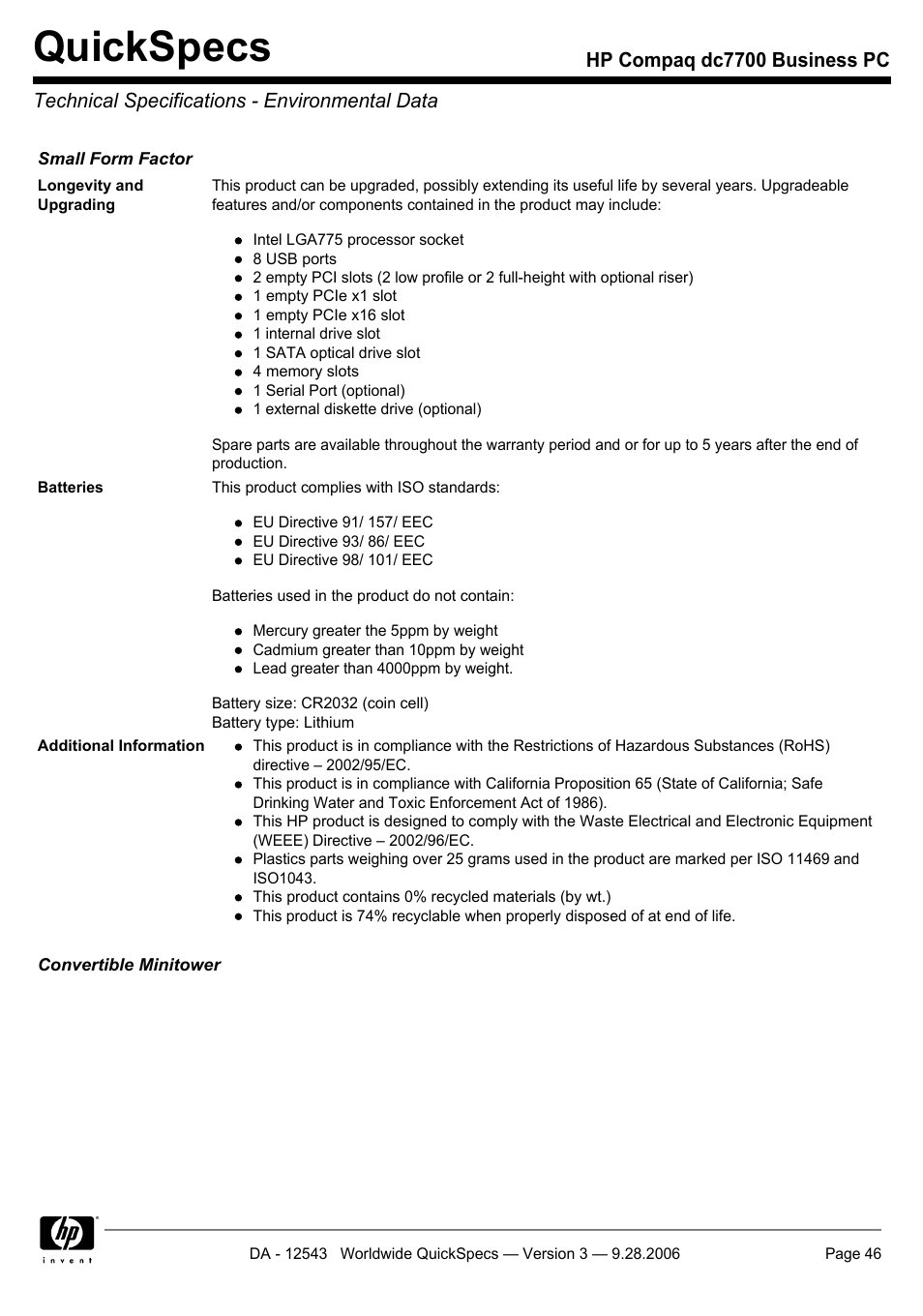 Quickspecs | Compaq dc7700 User Manual | Page 46 / 49