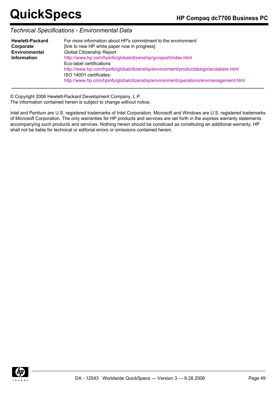 Quickspecs | Compaq dc7700 User Manual | Page 49 / 49