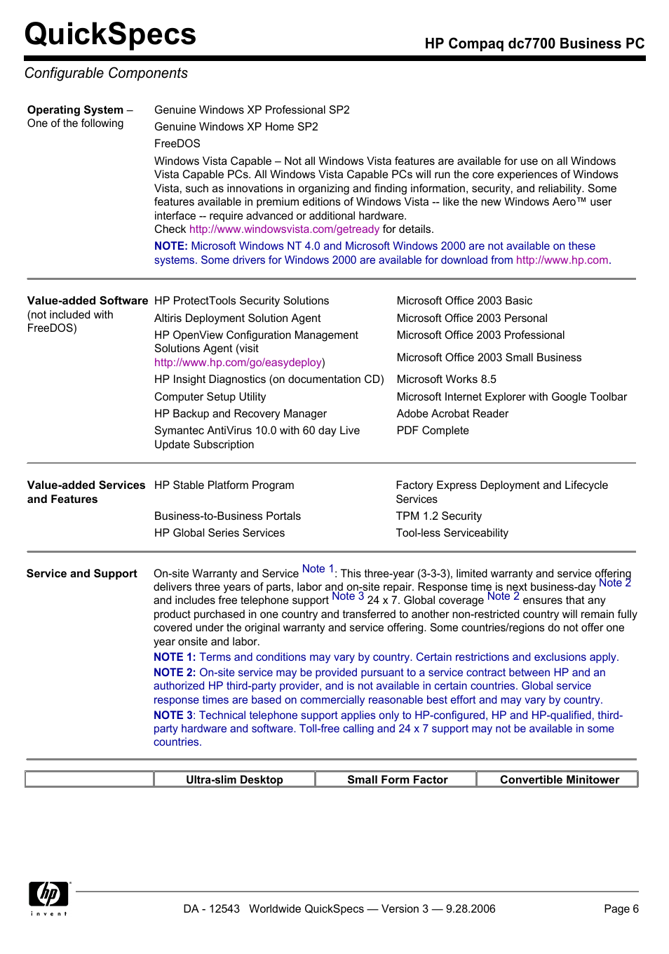 Configurable components, Quickspecs | Compaq dc7700 User Manual | Page 6 / 49