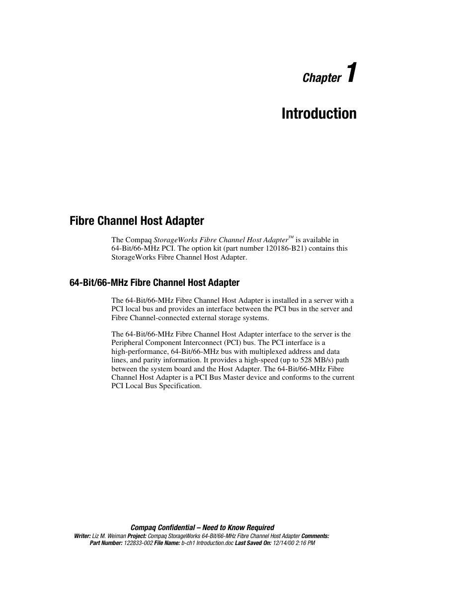 Chapter 1: introduction, Fibre channel host adapter, Bit/66-mhz fibre channel host adapter | Chapter 1, Introduction, Chapter | Compaq 64-Bit User Manual | Page 11 / 55