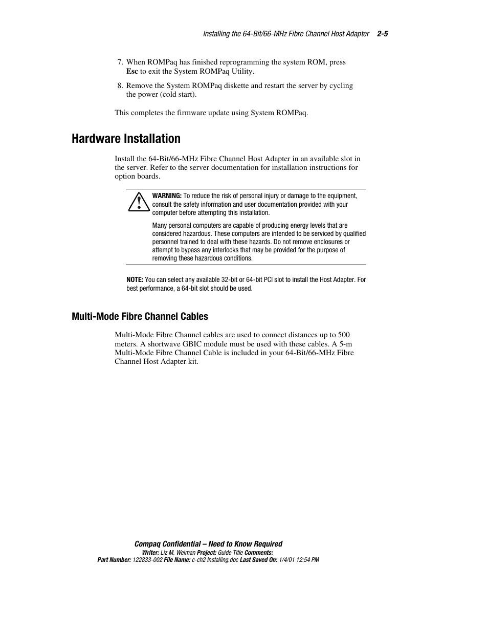 Hardware installation, Multi-mode fibre channel cables | Compaq 64-Bit User Manual | Page 17 / 55