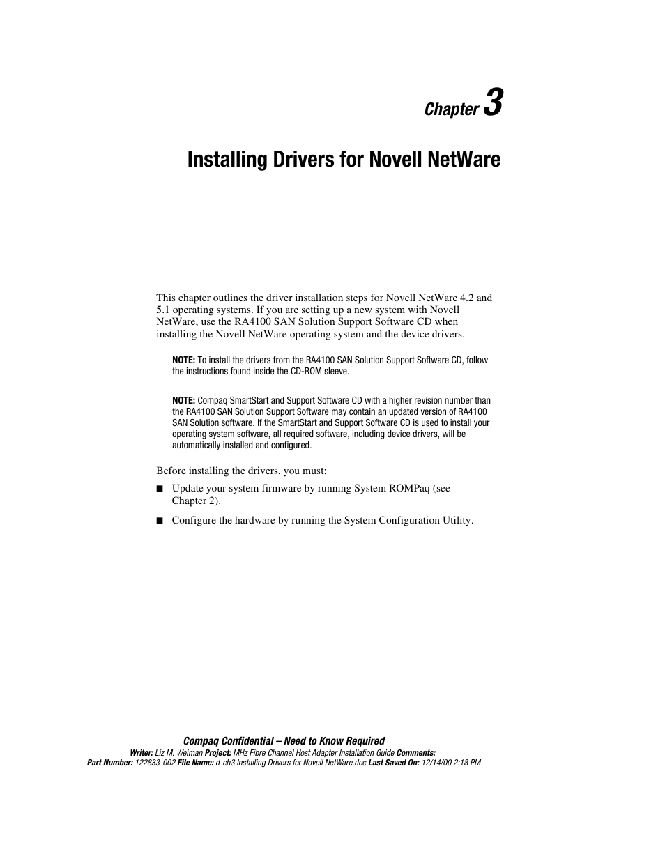 Chapter 3: installing drivers for novell netware, Chapter 3, Installing drivers for novell netware | Chapter | Compaq 64-Bit User Manual | Page 21 / 55