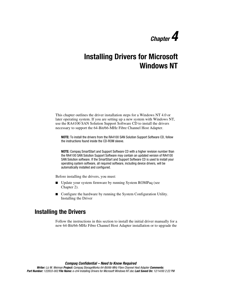 Installing the drivers, Chapter 4, Installing drivers for microsoft windows nt | Chapter | Compaq 64-Bit User Manual | Page 24 / 55