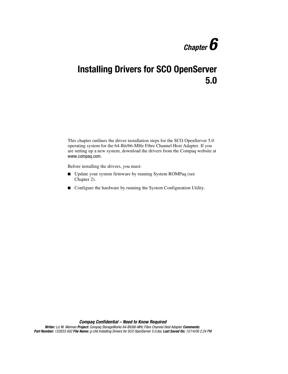 Chapter 6, Installing drivers for sco openserver 5.0, Chapter | Compaq 64-Bit User Manual | Page 34 / 55